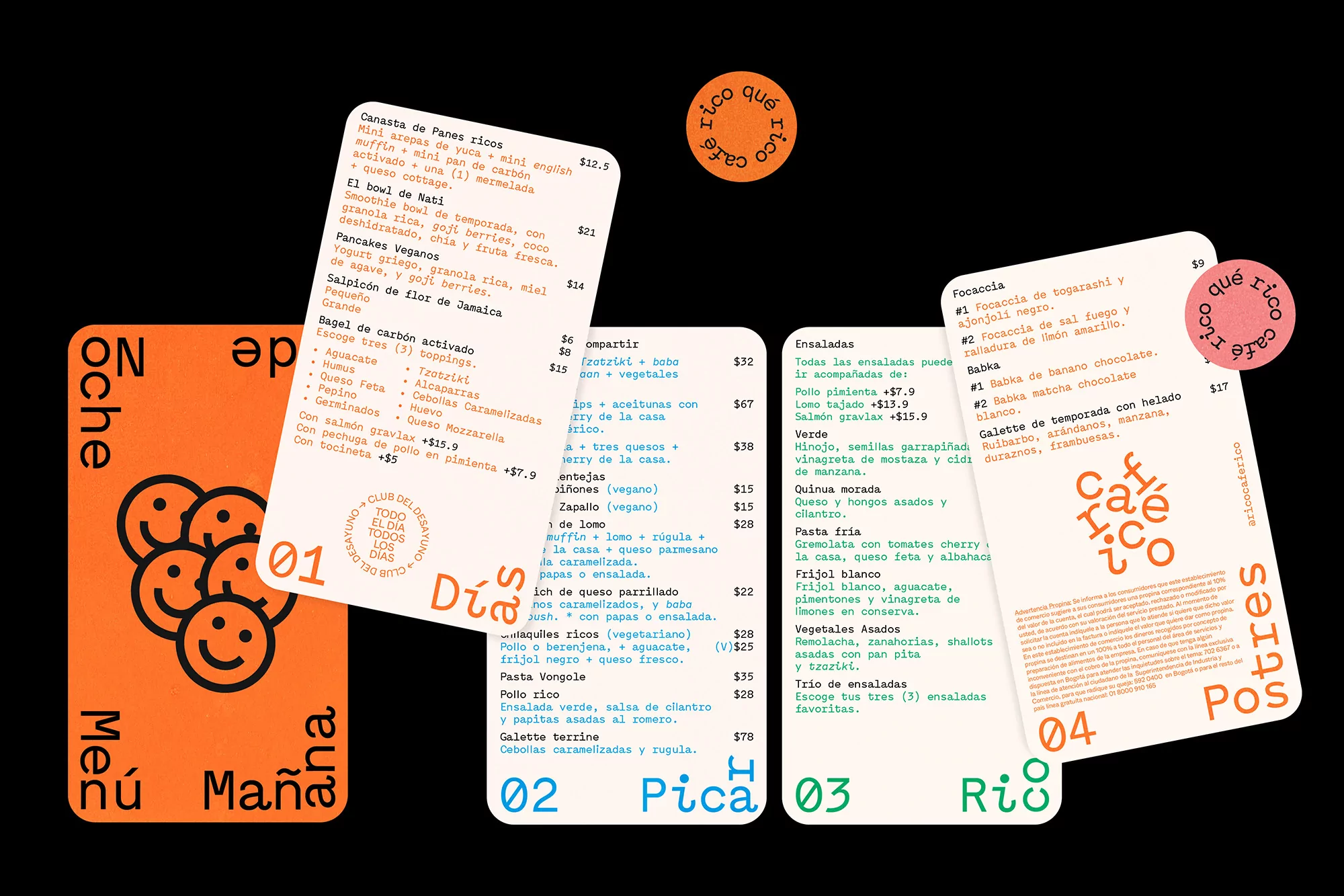 Colorful graphic menus of Cafe Rico offer a variety of meal and drink options, with text in Spanish, set against a black background.