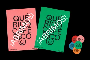 Pink and green promotional posters with bold black typography and smiling face icons for Cafe Rico brand identity