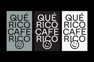 Graphic brand identity presentation for Cafe Rico featuring repeated typography and a smiley face icon across three color panels.
