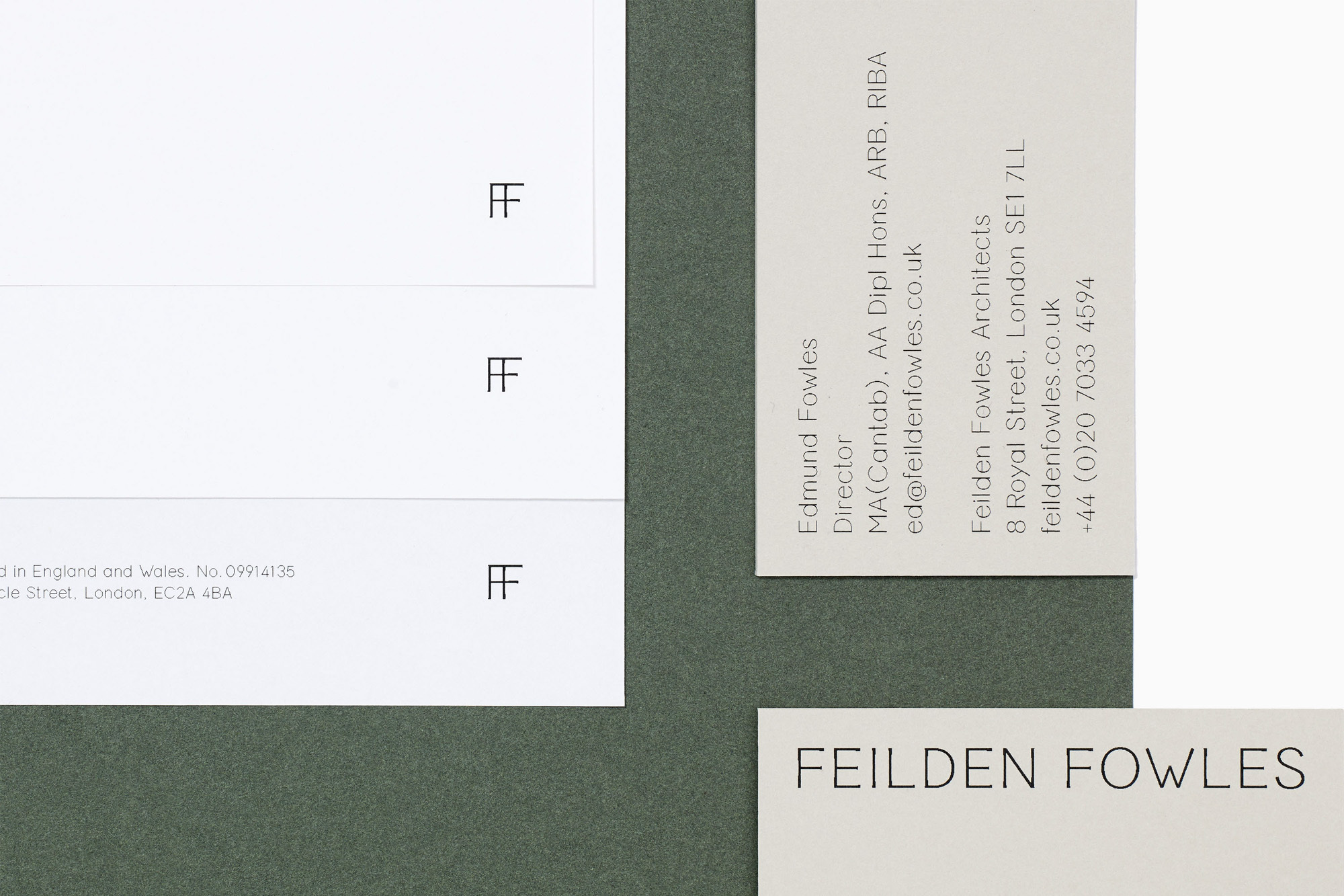 Close-up of Feilden Fowles Architects stationery, including letterhead and business cards, in a minimalist style with an olive green background.