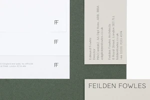 Feilden Fowles brand identity featuring stationery items with minimalist typography on green and white textured paper.