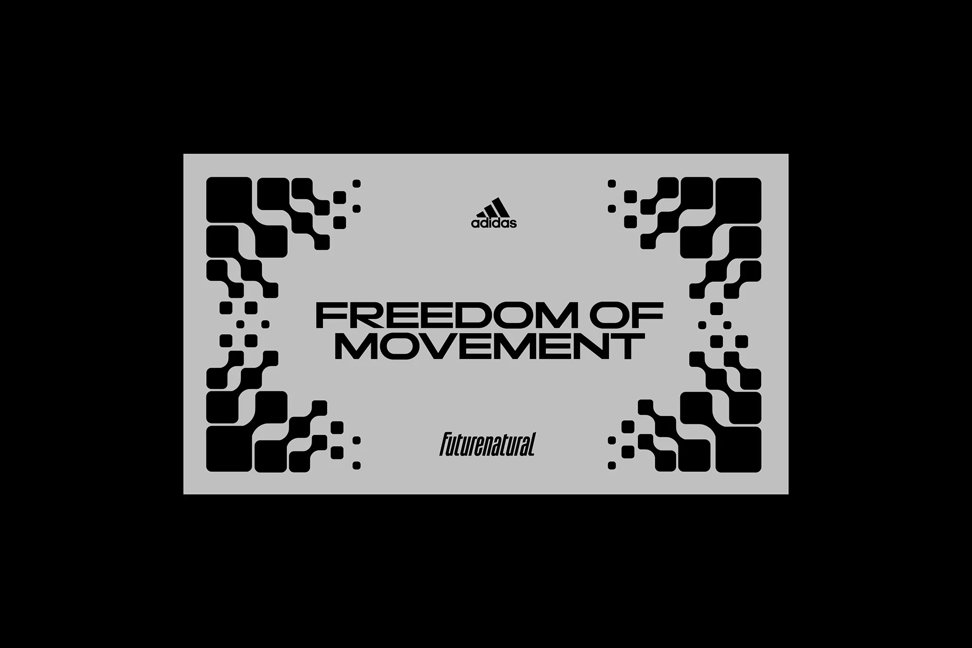 Adidas promotional image features pixelated geometric shapes, the Adidas logo, and the text 'Freedom of Movement' and 'futurenatural'.