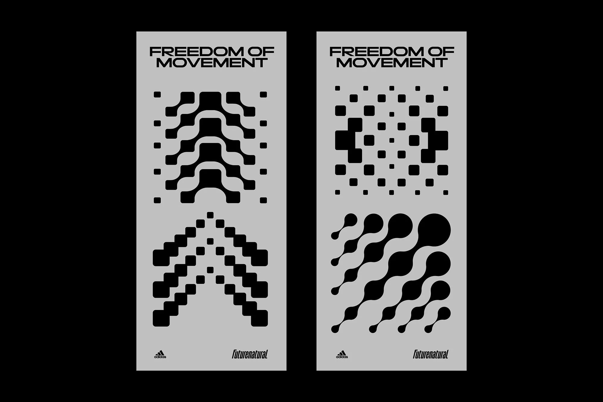 Abstract geometric patterns and text on vertical banners against a black background, promoting freedom of movement and futuristic design.