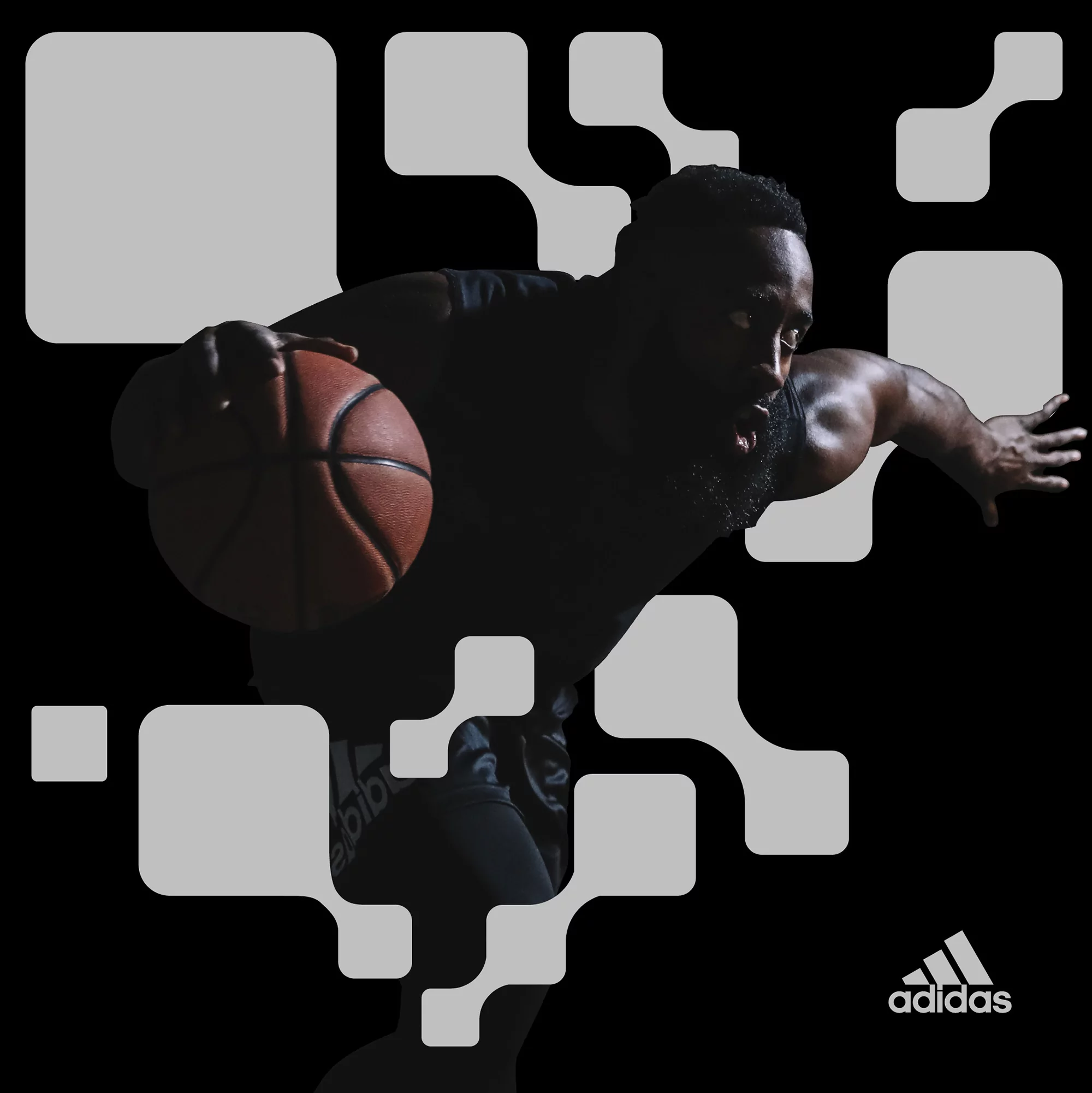 Male athlete dribbling basketball in dark indoor setting with geometric shapes and Adidas logo. Sports advertisement promoting basketball.