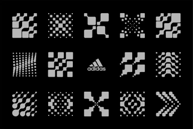 A grid of fourteen grey geometric organic blob patterns surrounding a central Adidas logo on a black background.