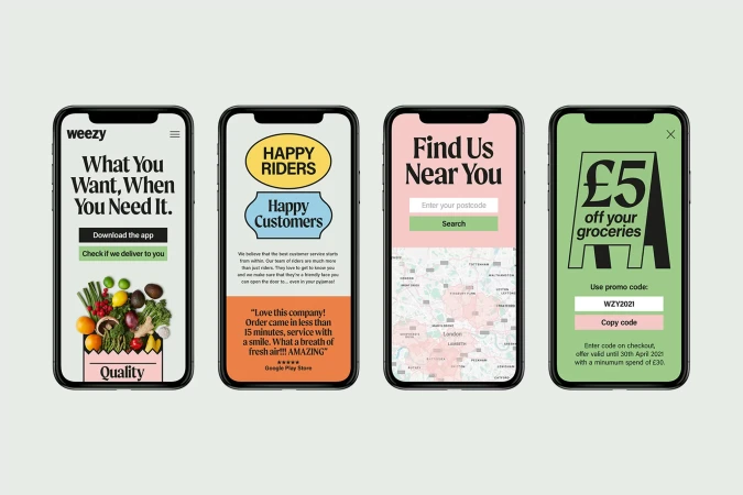 Four smartphone screens displaying the Weezy app interface featuring app features, available services, and promotional offers.