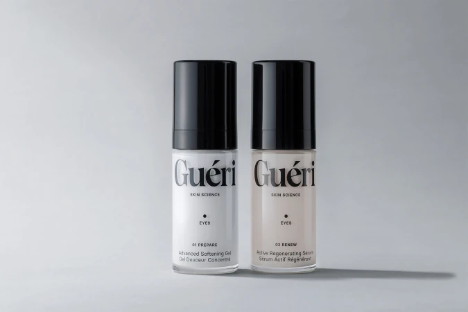 Two bottles of Guéri Skin Science eye serum, one 'Prepare' and one 'Renew,' stand against a soft gray backdrop in a beauty product shot.