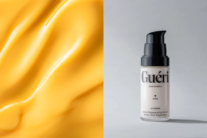 Close-up studio shot of a cosmetic serum bottle with a black pump set against a backdrop of textured, golden-yellow cream.