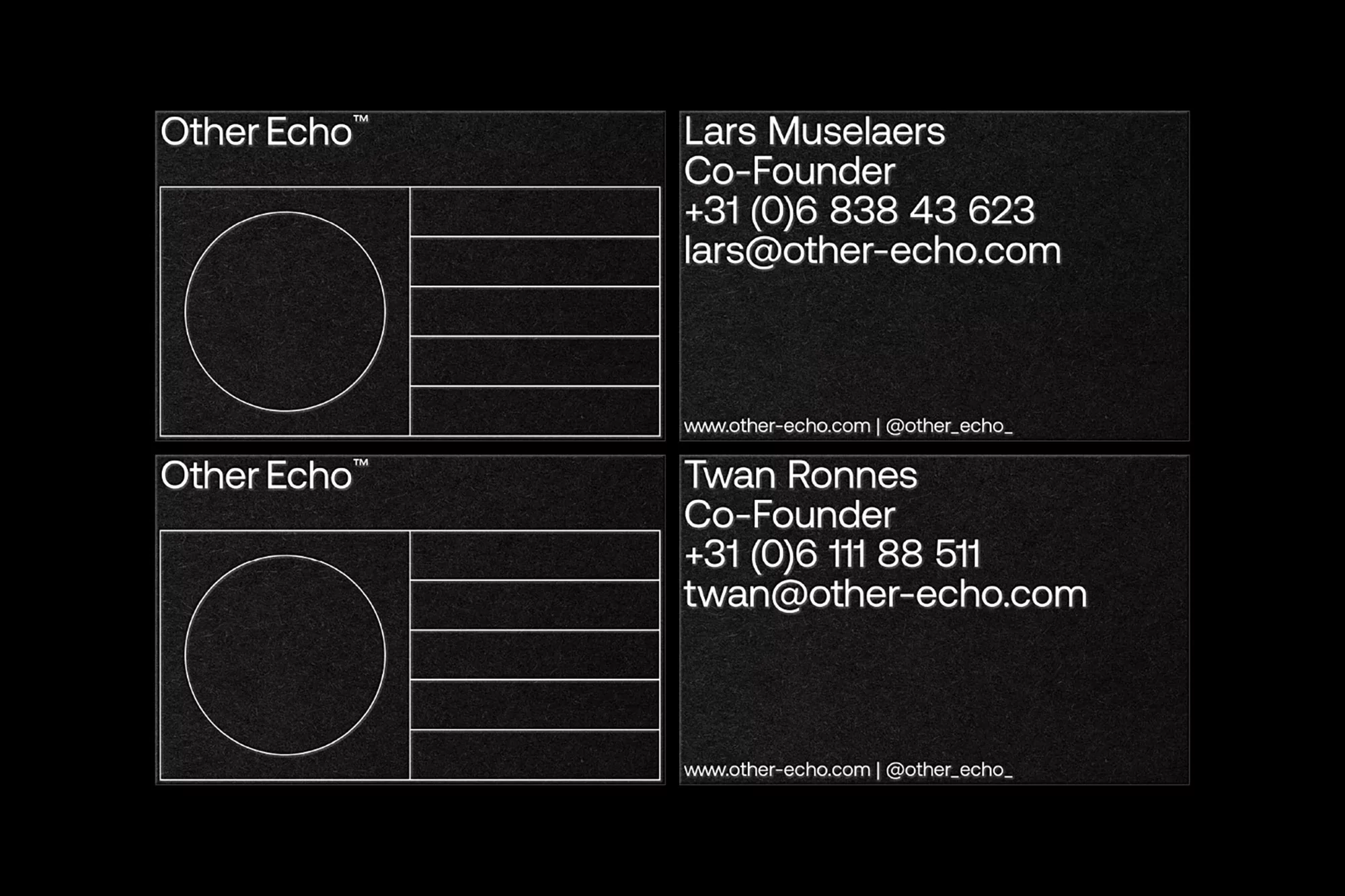 Two black business cards for Other Echo featuring the company logo, contact information, and geometric design elements, with high contrast.