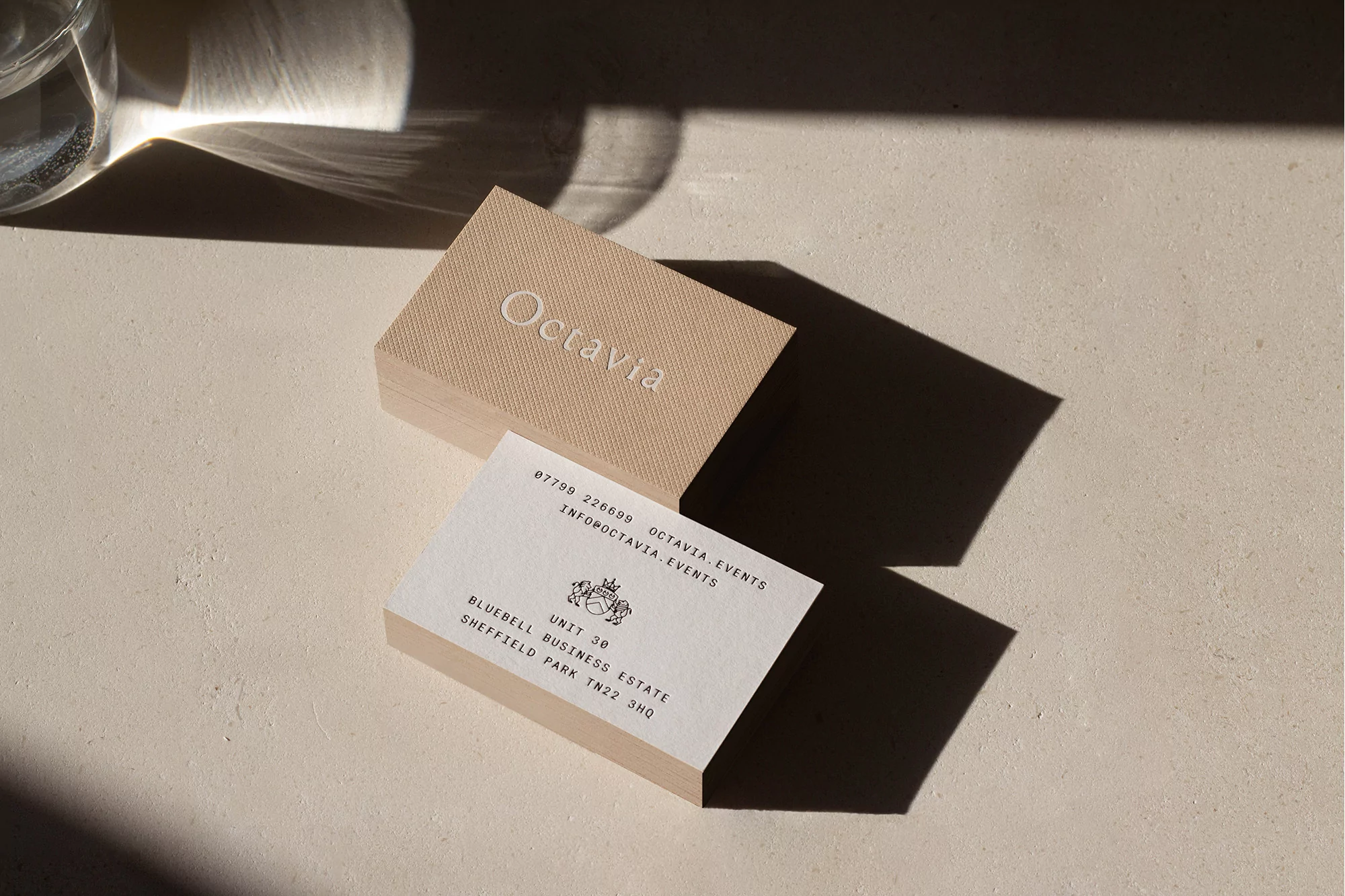 Two business cards with textured cardstock resting on a pale concrete surface with strong sunlight casting shadows.
