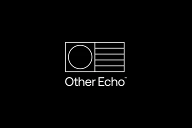 White graphic logo with a circle and horizontal lines inside a rectangle above brand text on solid black background