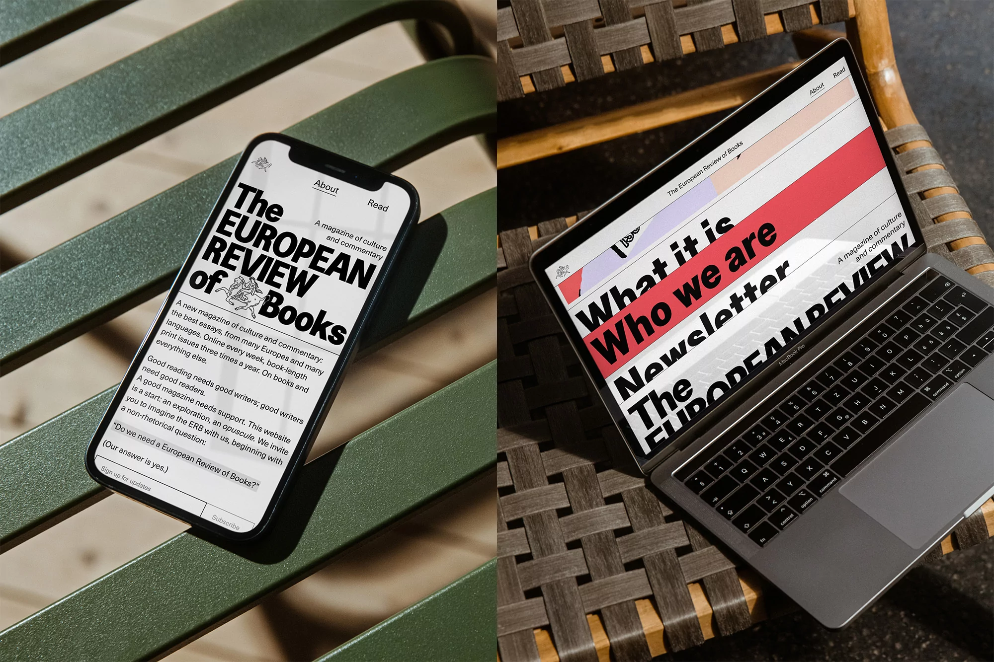 Laptop and smartphone displaying 'The European Review of Books' website, showcasing modern technology on textured surfaces.