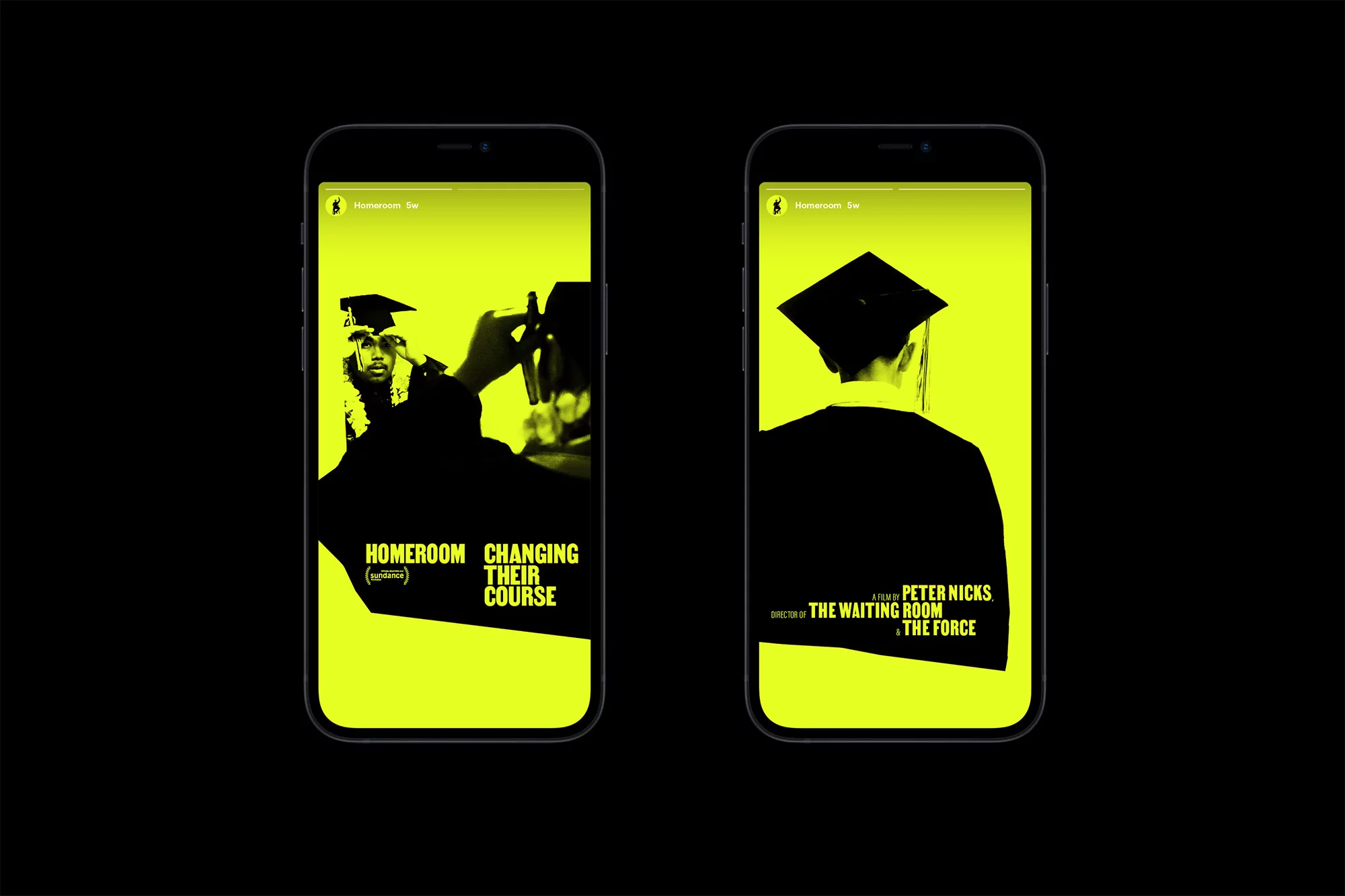 Two smartphone screens display film posters with graduation themes in striking black and yellow, perfect for mobile viewing.