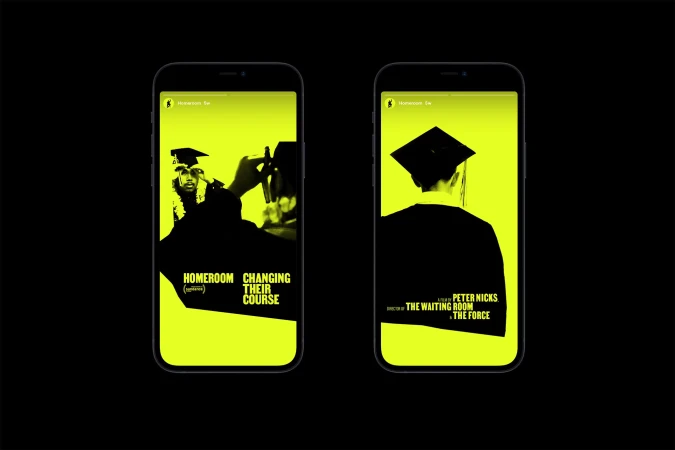 Two smartphone screens display film posters with graduation themes in striking black and yellow, perfect for mobile viewing.