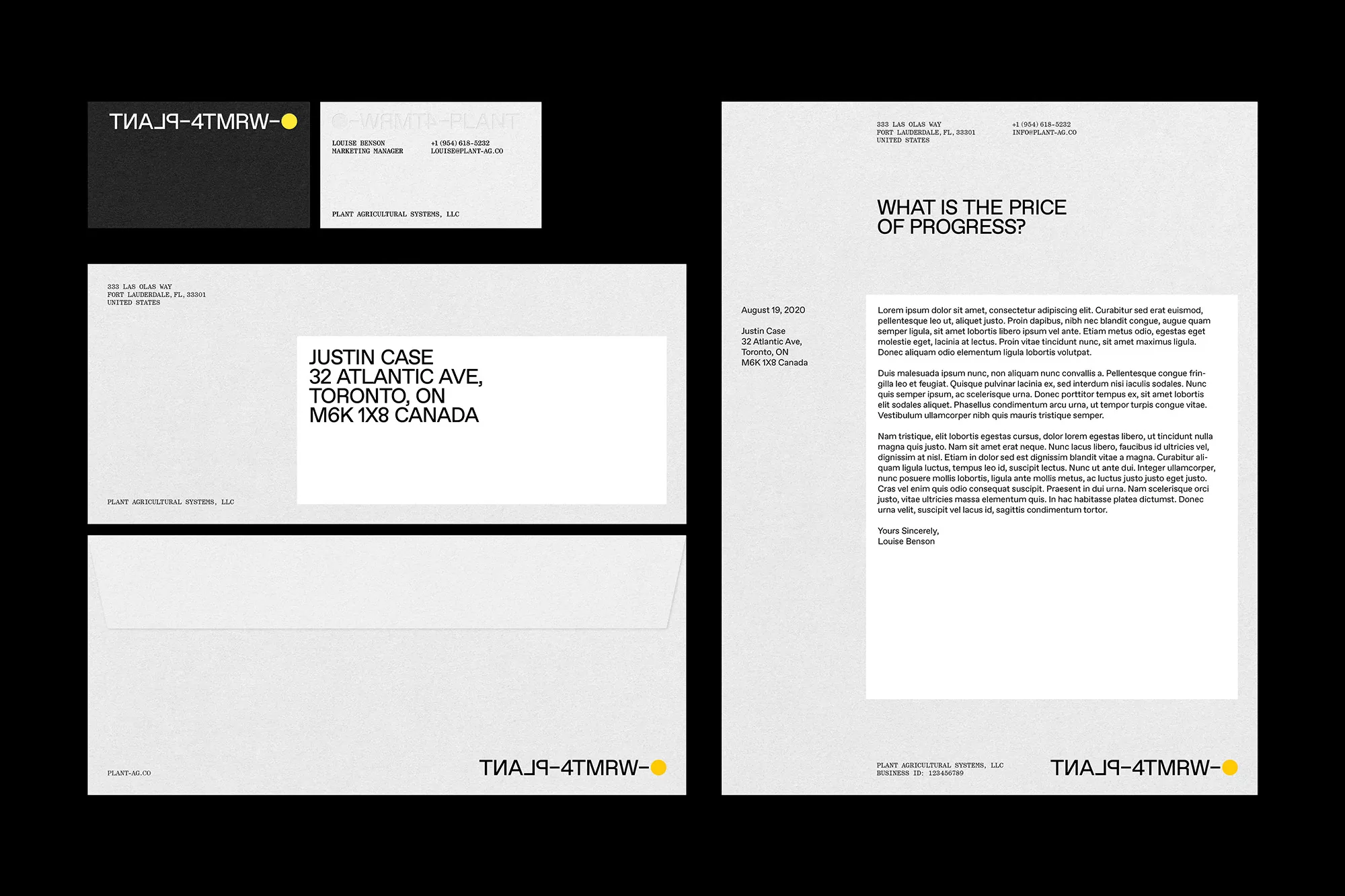 Letterhead stationery set with a letter, envelope, business card, and logo mock-up in a minimalist style on a black background.