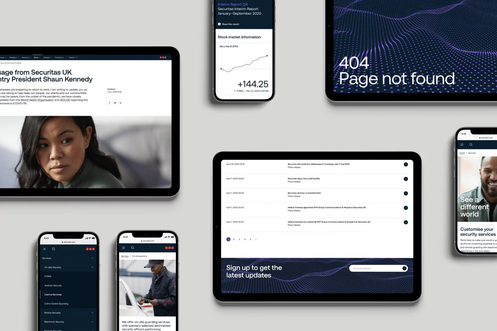 Multiple devices display the Securitas website, showcasing interfaces and design elements, with people in the background. Technology focus.
