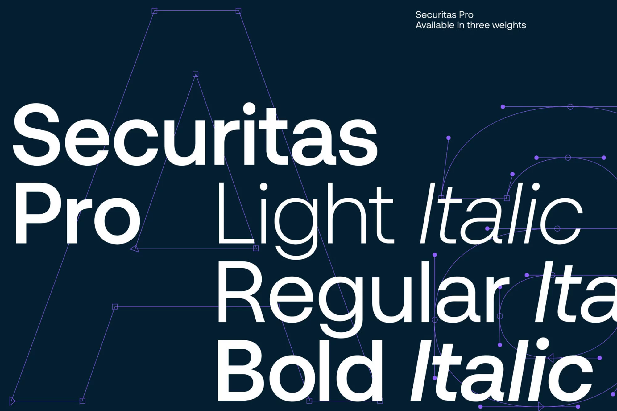 Font design presentation of the Securitas Pro typeface with variations in light, regular, and bold weights and italic styles on blue.