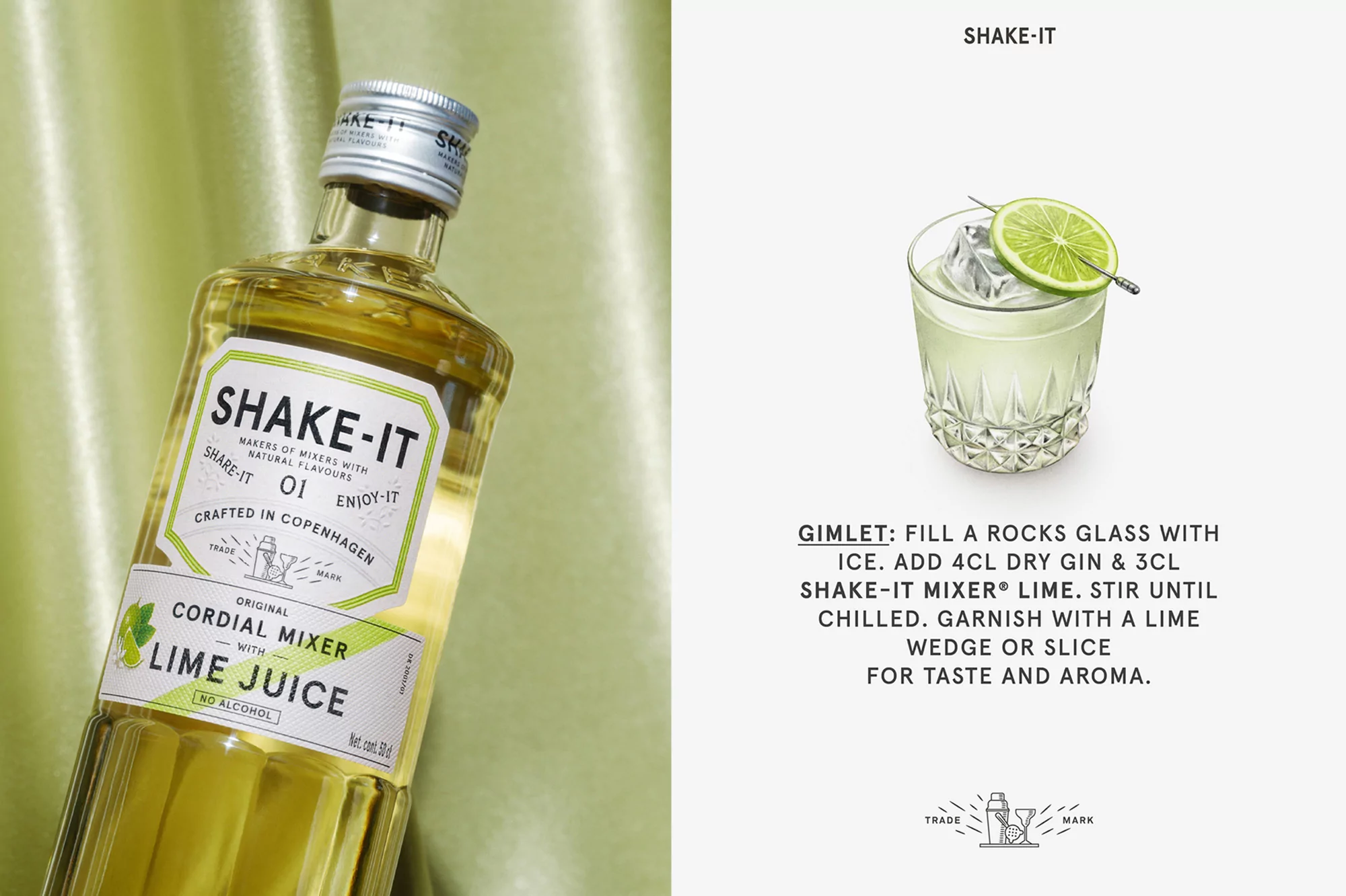 Still life of Shake-It cordial mixer bottle with lime juice and a gimlet cocktail in a glass on a white surface.