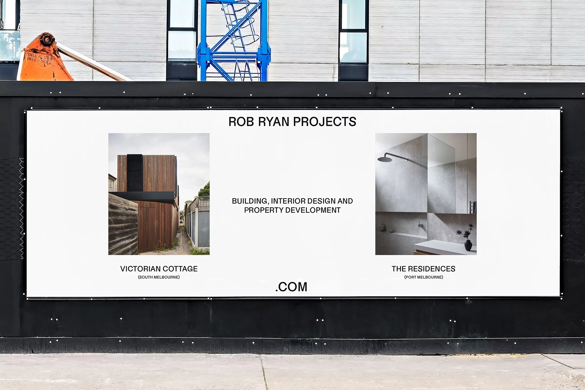 Outdoor advertising billboard showcasing architectural and interior design projects, promoting Rob Ryan Projects with minimalist aesthetic.
