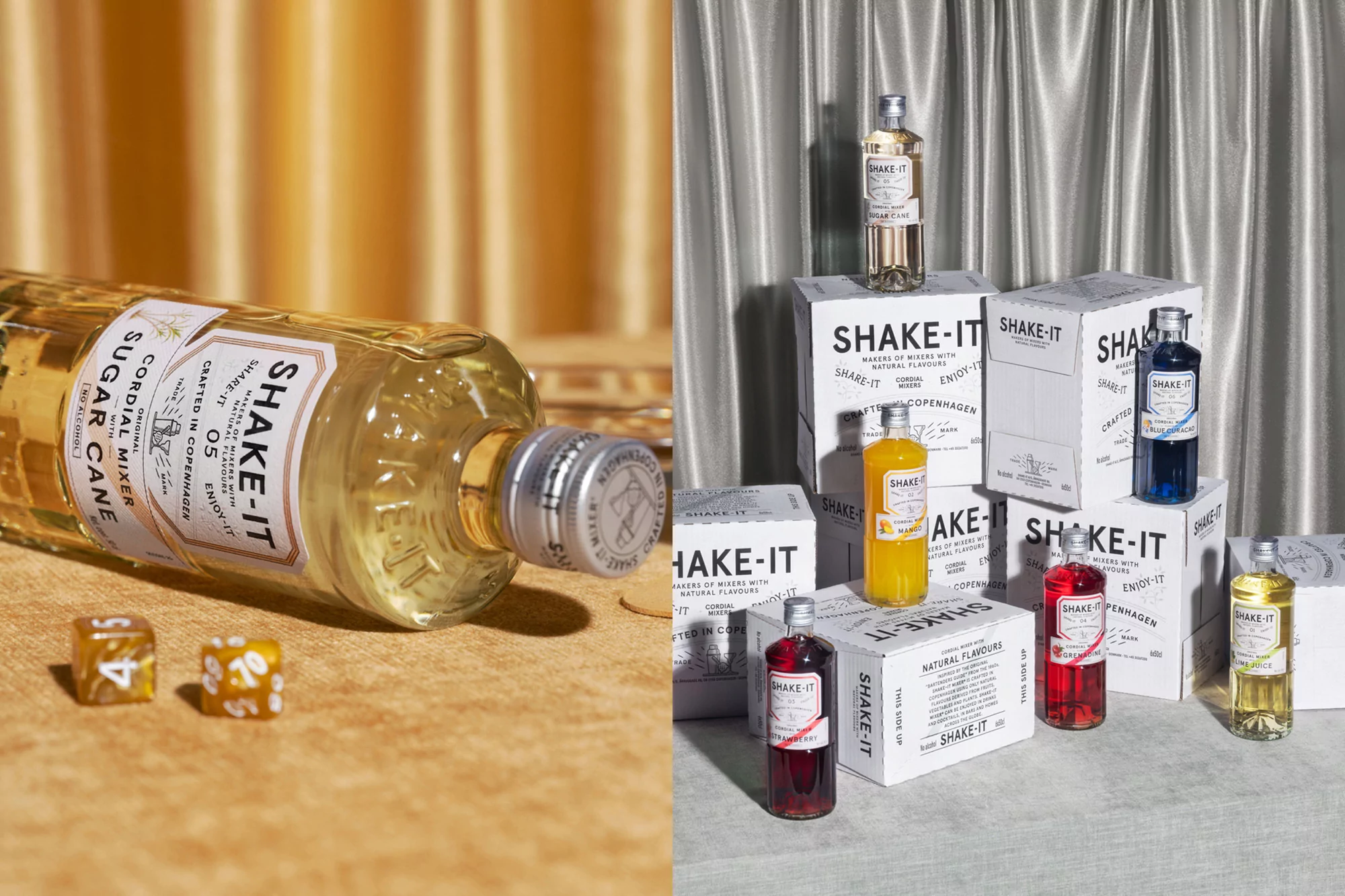 Several bottles of Shake-It cordial mixer, with a golden background and studio lighting, showcasing the product's versatility and flavors.