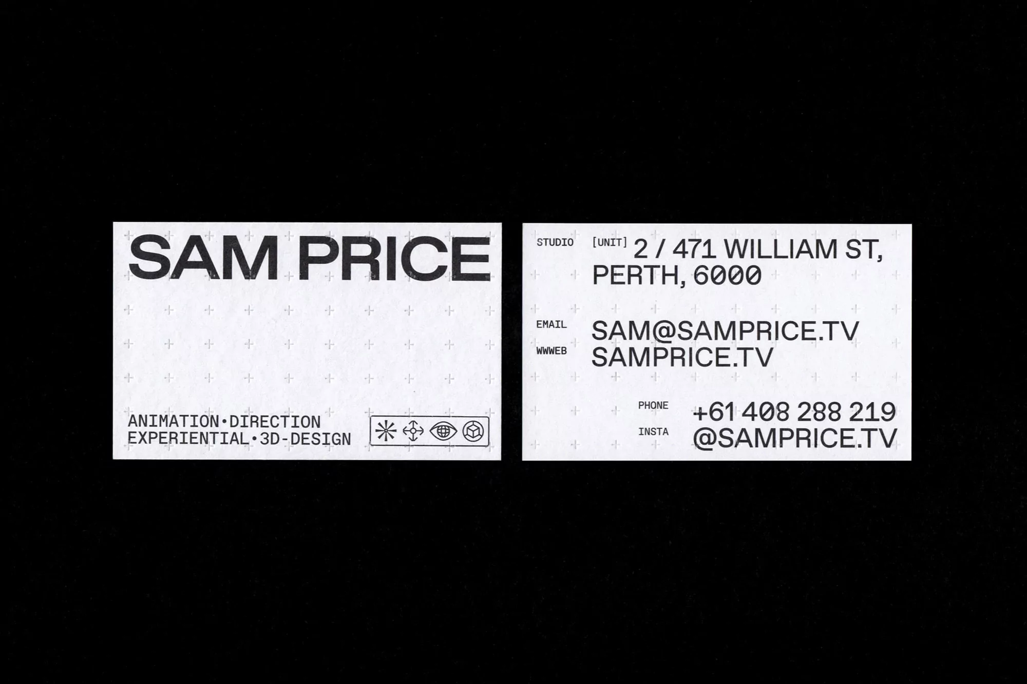 Professional business card for Sam Price featuring contact information, animation direction, experiential design, and 3D-design services.