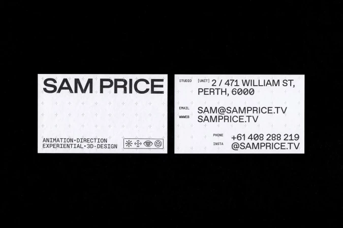 Professional business card for Sam Price featuring contact information, animation direction, experiential design, and 3D-design services.