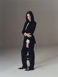 Model wearing a black suit and white shirt holding a handbag against a grey seamless background