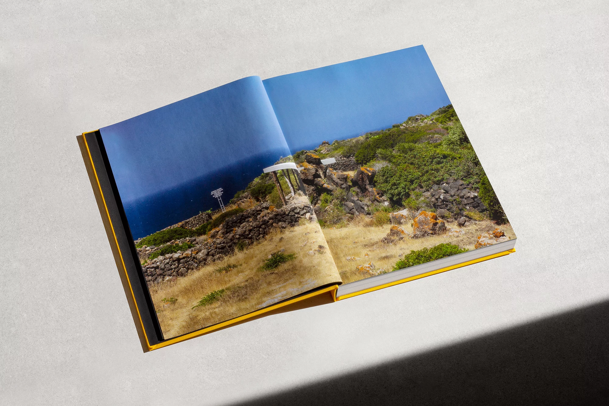 Open book featuring a landscape photograph with grassy fields, stone walls, and a glimpse of the ocean under a bright blue sky.