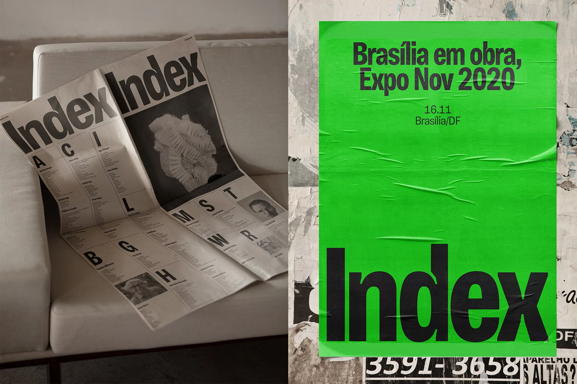Two Index brand posters: one on a white sofa with a monochrome palette, and the other a bright green on a weathered wall.