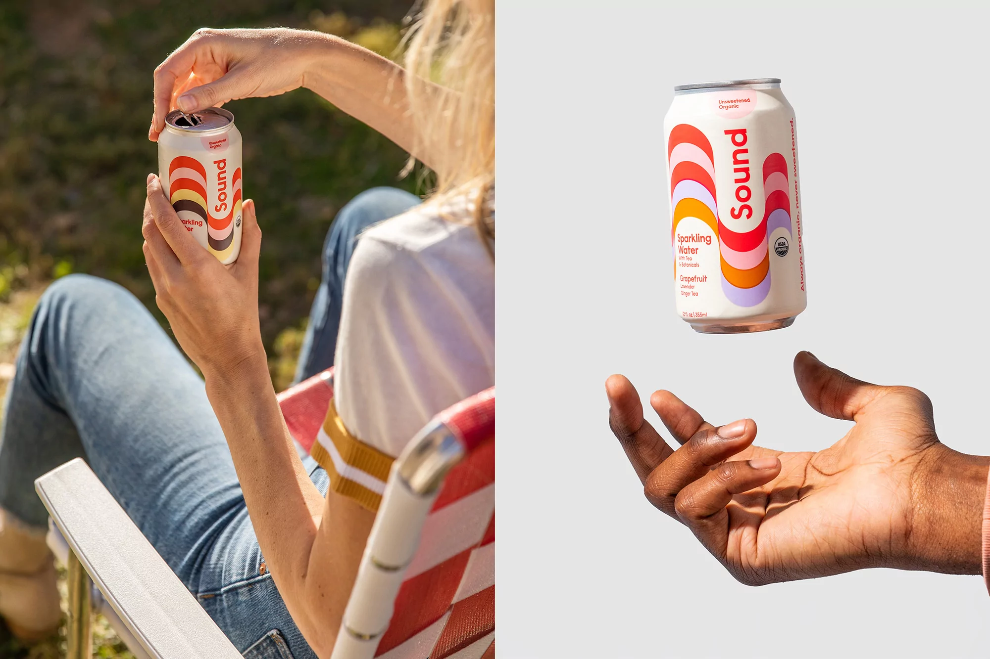 Two scenes: woman outdoors opening a Sound sparkling water can and a hand reaching for a floating can against a white background.