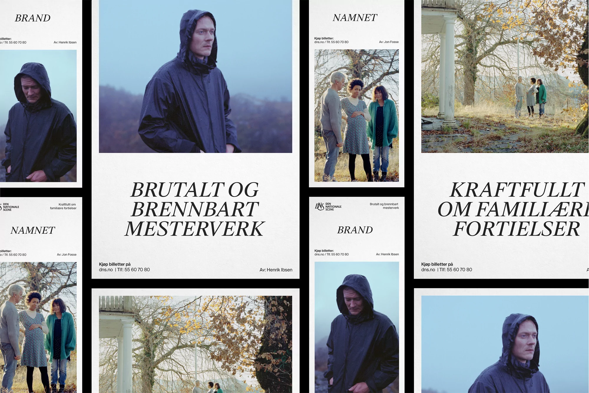 Collage of posters featuring people and landscapes, with text in Norwegian, promoting theater productions, set against a plain background.