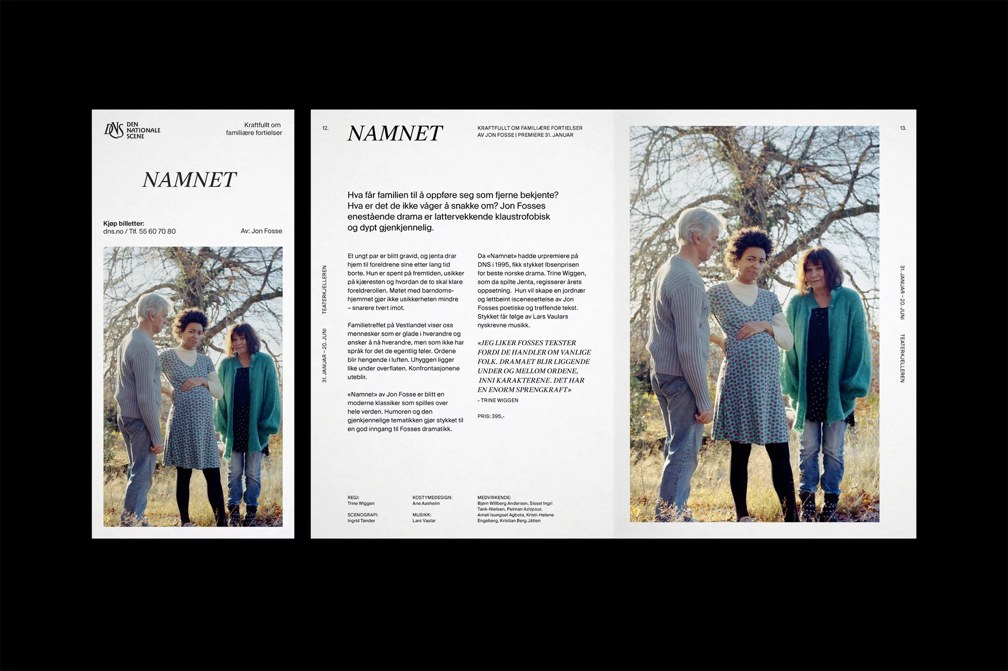 Graphic design layout showcasing theatre promotional materials with photography of three actors outdoors near trees