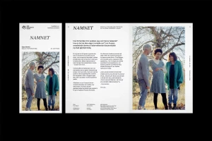 Graphic design layout showcasing theatre promotional materials with photography of three actors outdoors near trees