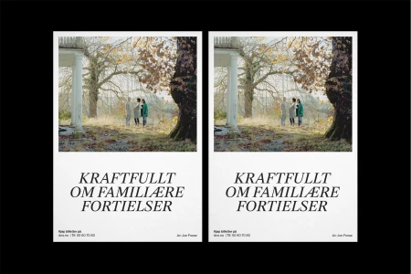 Two vertical white posters featuring a landscape photograph and bold italic typography against a solid black background.