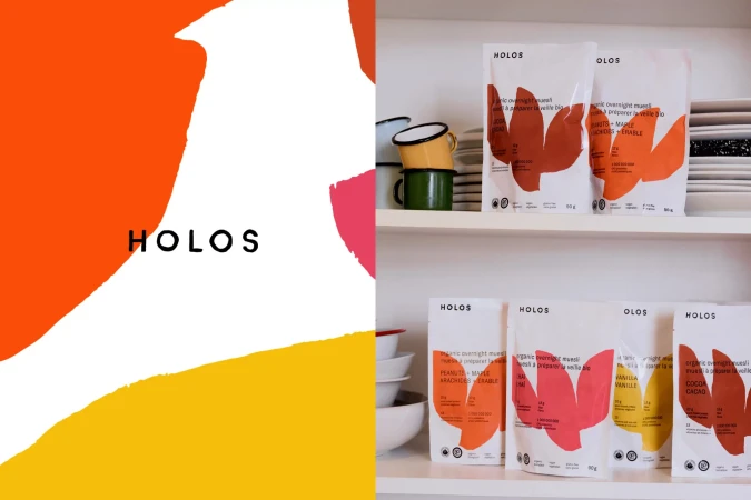 Holos brand promotion featuring stacks of mugs and pouches of organic overnight muesli in a clean, well-lit kitchen setting.