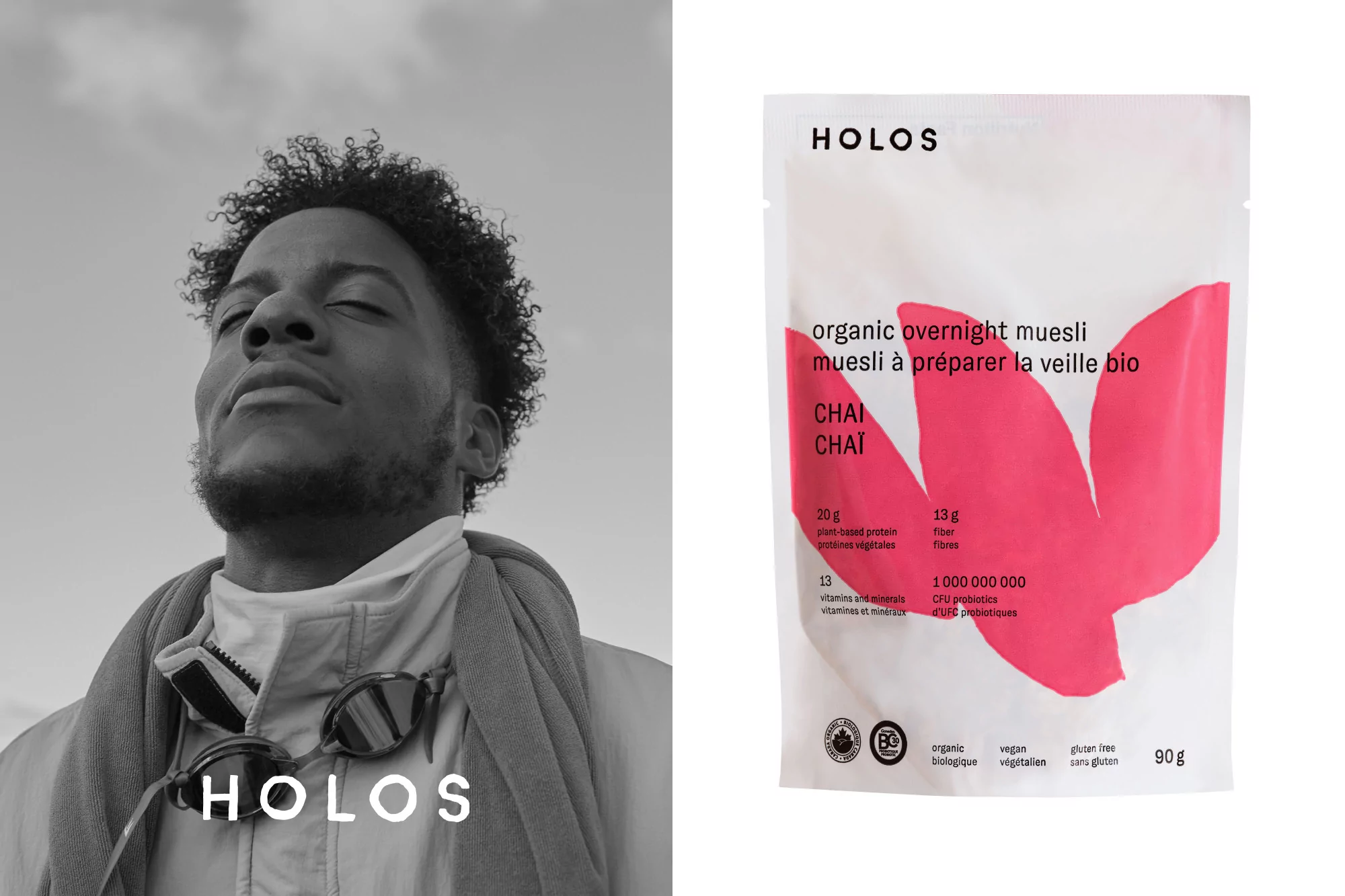 Monochrome image featuring a man looking up, contrasted with Holos organic overnight muesli package, highlighting health and wellness.