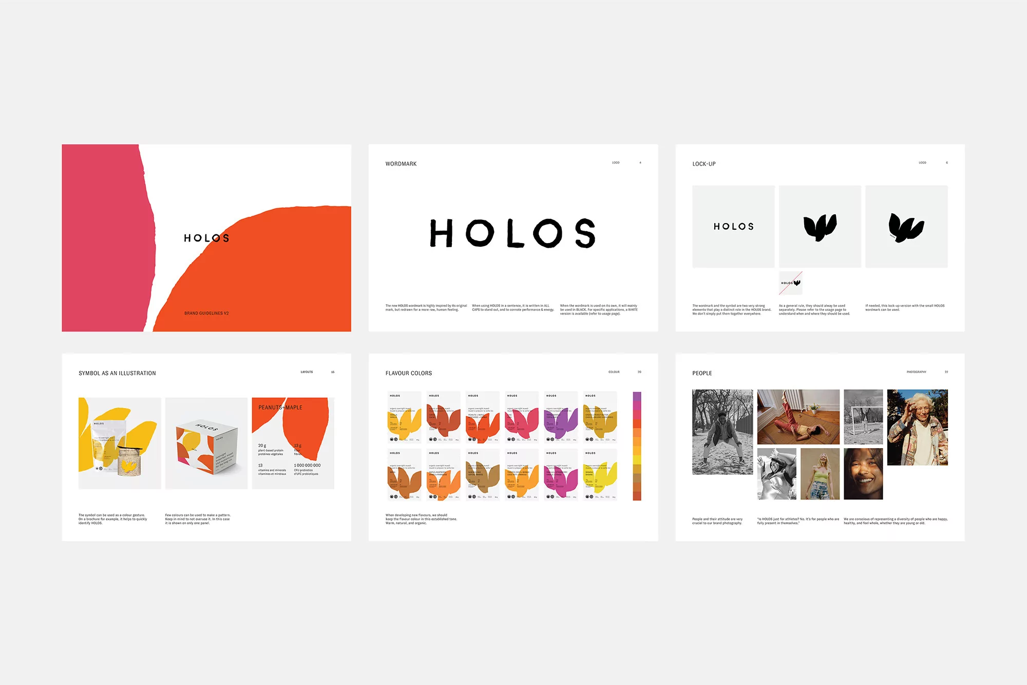 A presentation board displays a logo, color palette, and sample images, presenting a brand identity concept with a clean, modern aesthetic.