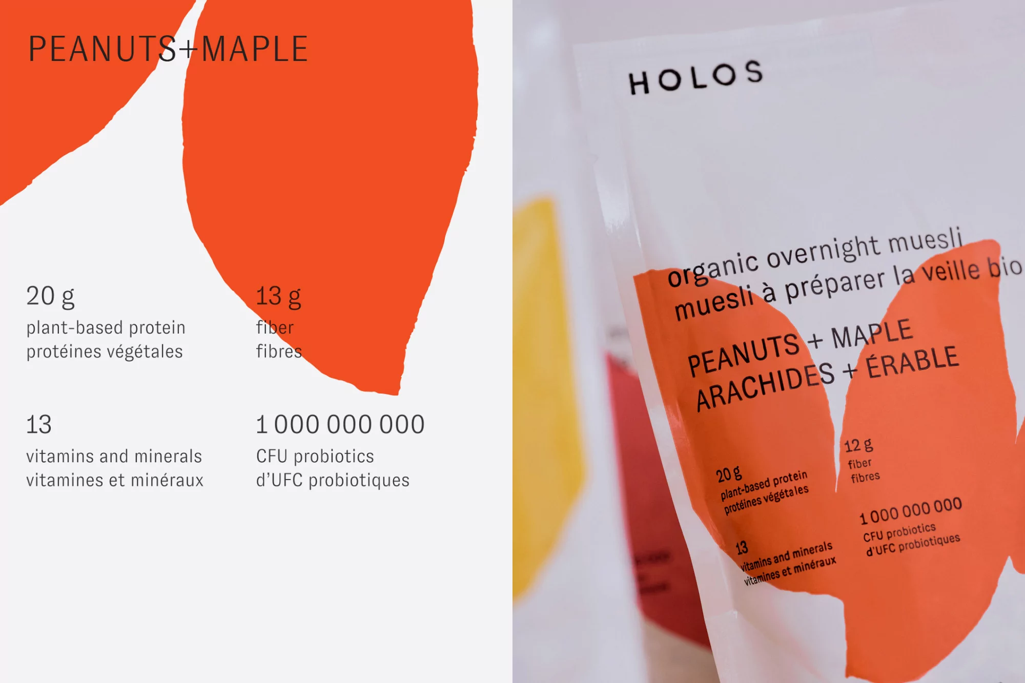 Close-up of Holos overnight muesli pouch with orange leaf design and nutritional information in English and French against white.