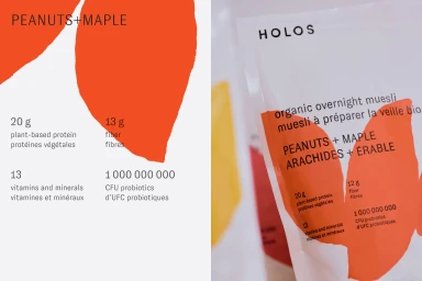 Holos brand packaging design for organic overnight muesli featuring bold typography and vibrant red leaf illustrations.