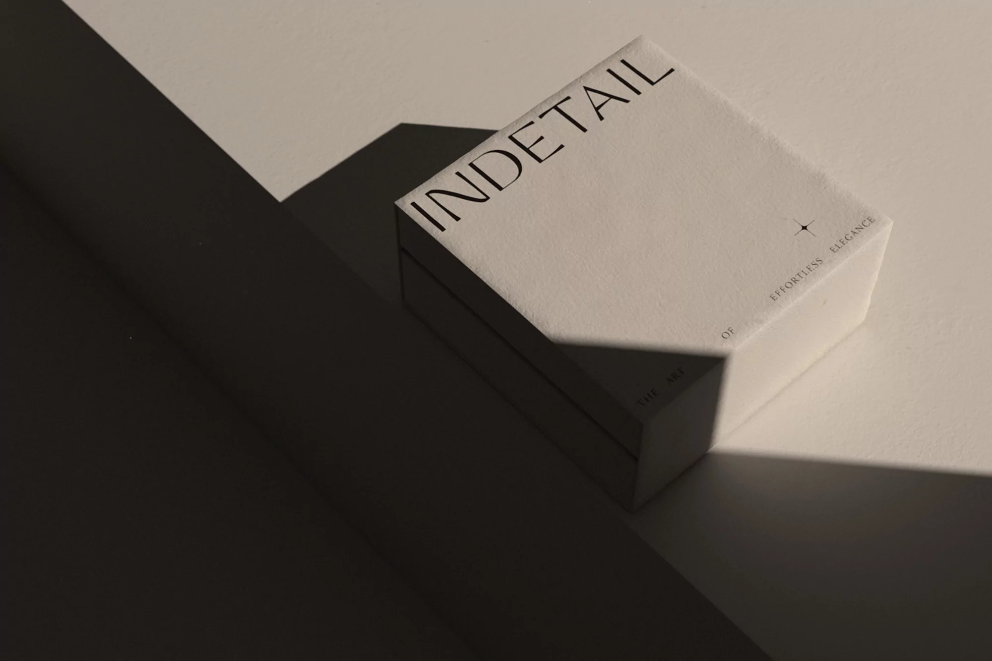 Rectangular white product box for INDETAIL brand on a white surface with stark lighting and shadows, minimalist product photography.
