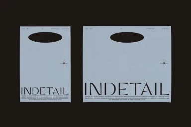 Two pale blue shopping bags featuring black typography and star symbols against a dark background for InDetail brand identity.