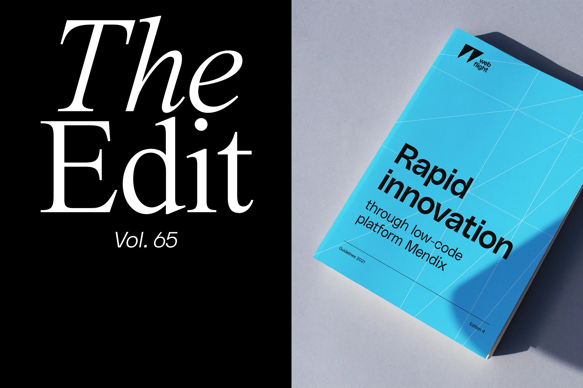 View of the book 'Rapid Innovation' by Webflight and text 'The Edit Vol. 65' against a black and light grey background.
