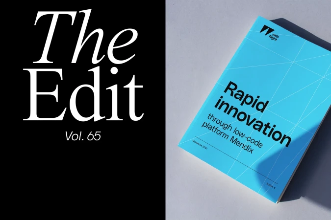 View of the book 'Rapid Innovation' by Webflight and text 'The Edit Vol. 65' against a black and light grey background.