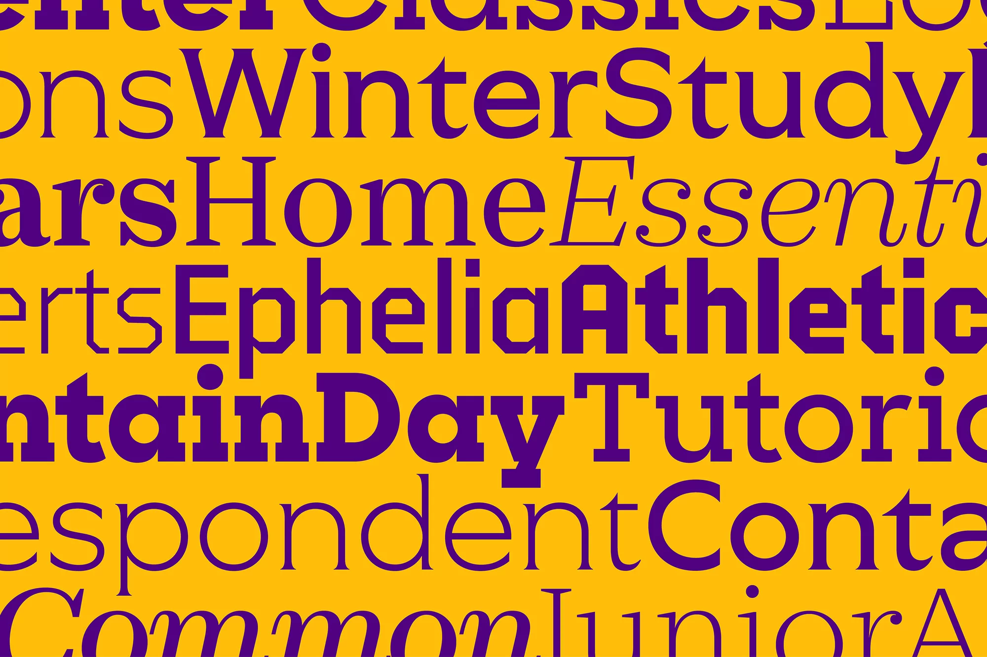 Overlapping text in shades of purple and gold displays words like 'Winter Study,' 'Athletic,' and 'Tutorials' in varying fonts and sizes.