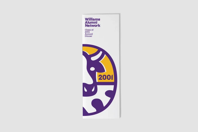 Williams Alumni Network 2001 annual dinner brochure featuring a stylized purple and gold cow design.