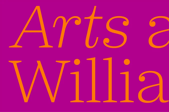 Graphical design featuring the text "Arts & William" in orange against a solid purple background, in a simple and bold typographic layout.