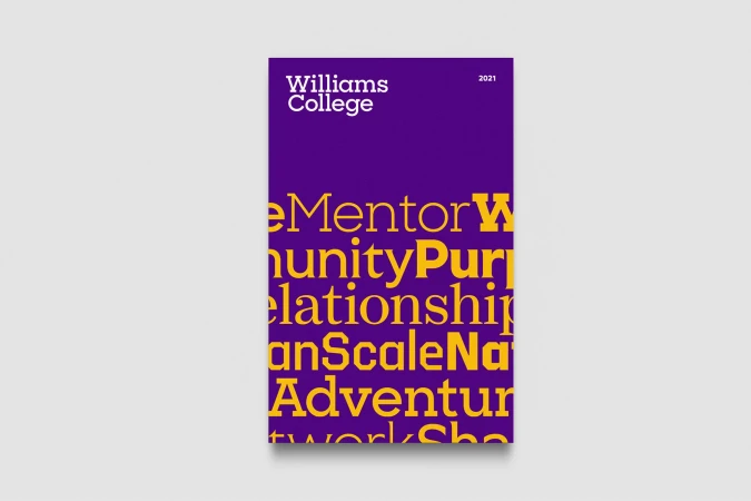 Purple and yellow college poster featuring inspirational words like Mentor, Community, Relationship, Adventure, and Workshop.