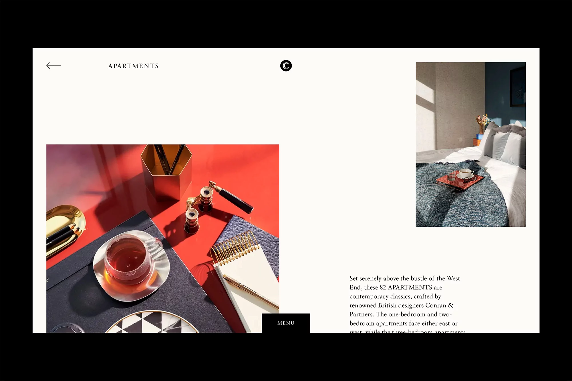 Interior design for apartments featuring a bedroom and a desk with stationery supplies, tea cup, and golden decor on a bright red table.