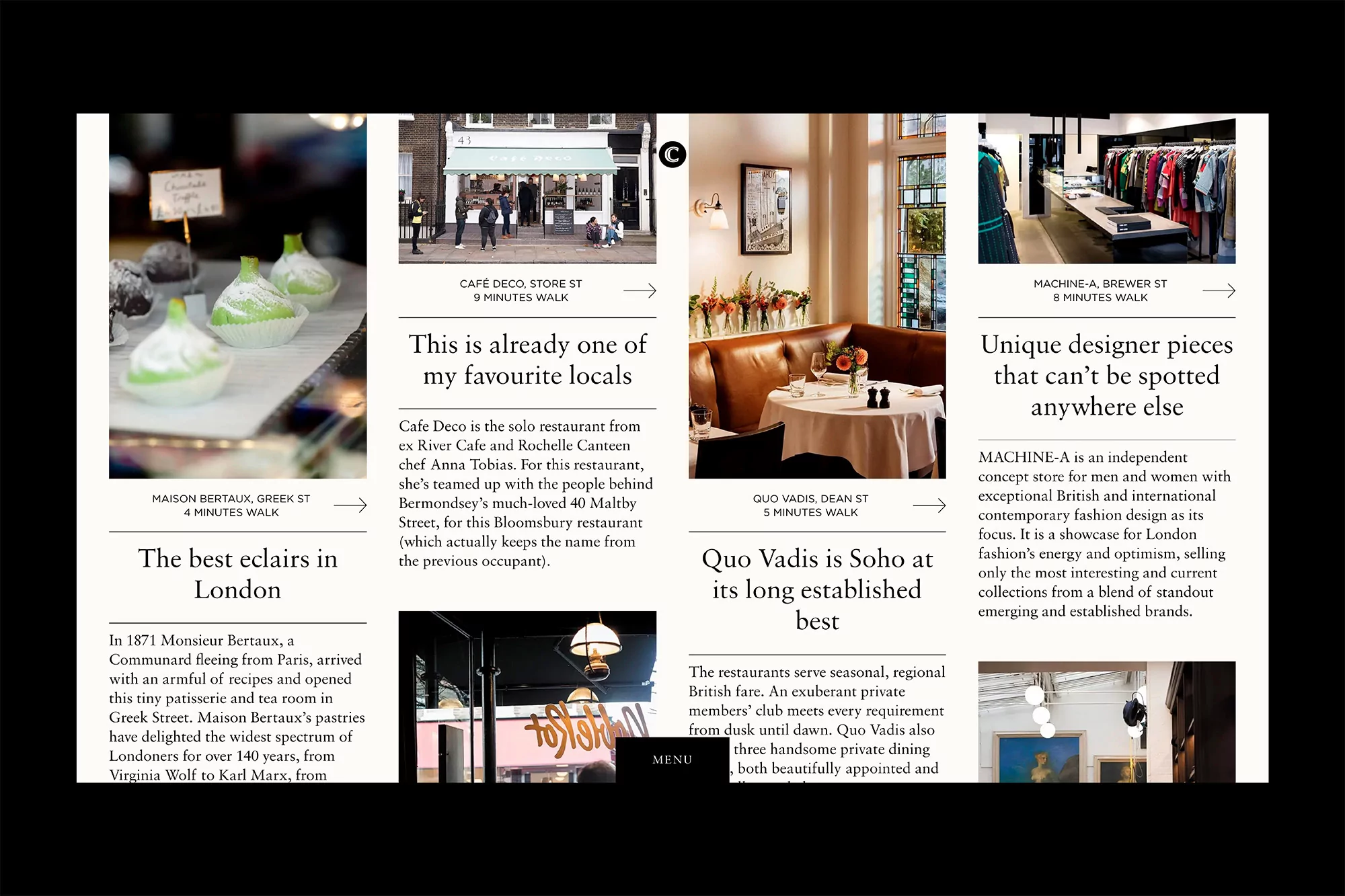 Collage of London restaurants and shops: Maison Bertaux, Cafe Deco, Quo Vadis, Machine-A, showcasing local eateries and fashion.