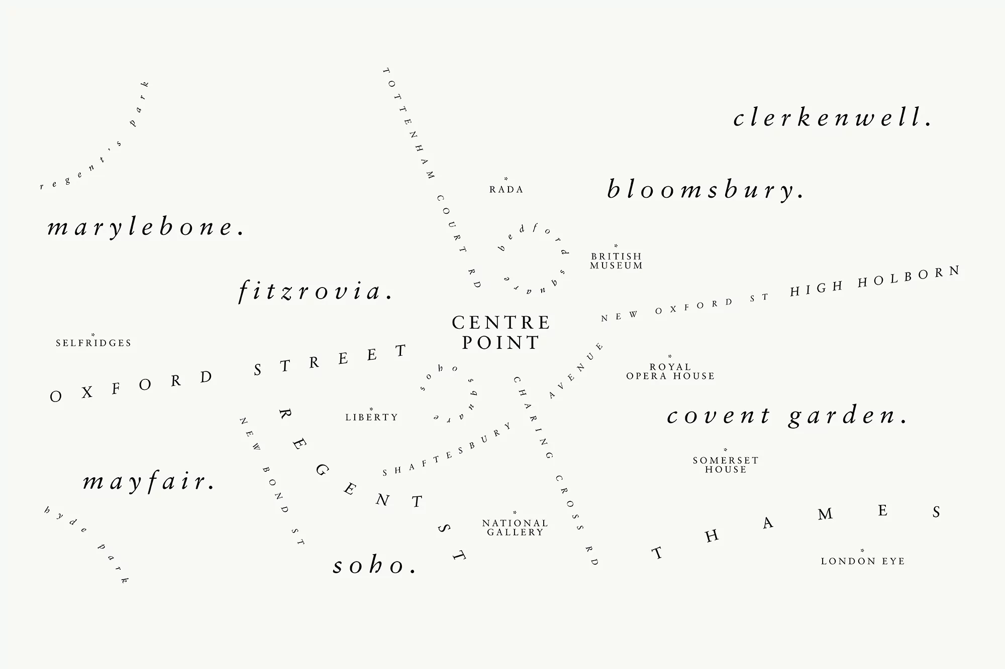 Map of London boroughs and landmarks featuring text labels for areas such as Marylebone, Soho, Covent Garden, and the London Eye.